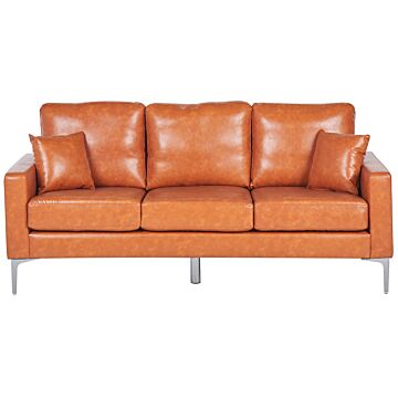 Sofa Brown Faux Leather 3 Seater Cushioned Seat And Back Metal Legs With Throw Pillows Beliani