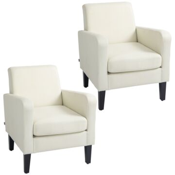 Homcom 2 Pieces Modern Armchairs With Rubber Wood Legs, Upholstered Accent Chairs, Single Sofa, Cream White