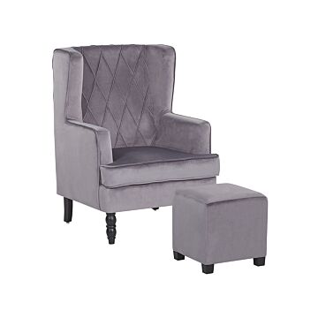 Armchair With Footstool Grey Velvet Fabric Wooden Legs Wingback Style Beliani
