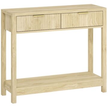 Homcom Modern Console Table With Fluted Panel Drawers, Narrow Hallway Table With Shelf For Entryway, Living Room, 90 X 30 X 76 Cm, Natural Wood Finish