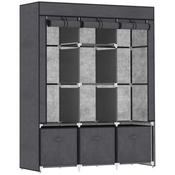 Homcom Fabric Wardrobe, Portable Wardrobe With 5 Shelves, 2 Hanging Rails And 3 Fabric Drawers, Foldable Closets, 125 X 43 X 162.5cm, Dark Grey