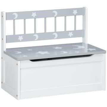 Zonekiz 2-in-1 Wooden Toy Box, Kids Storage Bench Toy Chest With Safety Pneumatic Rod, Star & Moon Pattern, Grey