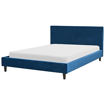 Eu Double Size Panel Bed 4ft6 Blue Velvet Slatted Frame Contemporary Beliani