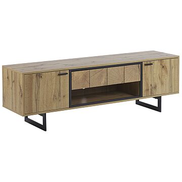 Tv Stand Light Wood And Black Particle Board For Up To 66 ʺ With 2 Doors Industrial Style Beliani