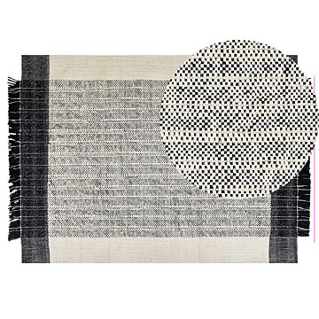Rug White And Black Wool Cotton 140 X 200 Cm Hand Woven Flat Weave With Tassels Beliani