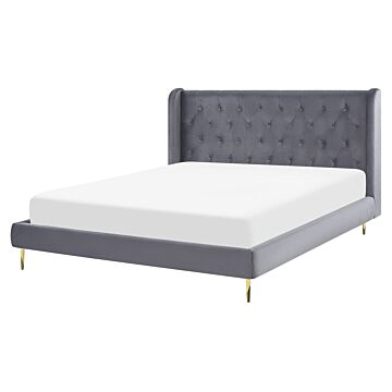 Slatted Bed Frame Grey Velvet Upholstery Eu King Size 5ft3 Tufted Headboard Modern Design Beliani
