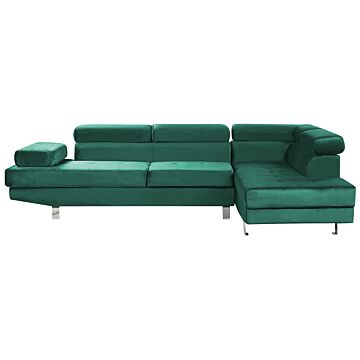 Corner Sofa Green Velvet L-shaped 5 Seater Adjustable Headrests And Armrests Modern Living Room Couch Beliani