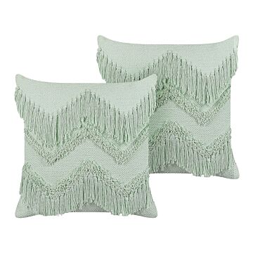 Set Of 2 Decorative Cushions Light Green Cotton 45 X 45 Cm With Tassels Boho Design Decor Accessories Beliani