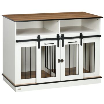 Pawhut Dog Crate Furniture For Small & Large Dogs With Movable Divider, Dog Cage End Table With Shelves, Sliding Doors, 120 X 60 X 88.5 Cm, White