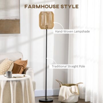 Homcom Farmhouse Standing Lamp, Floor Lamps With Hand Woven Rattan Lampshade For