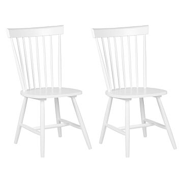 Set Of 2 Dining Chairs White Rubberwood Rustic Vintage High Spindle Back Painted Living Room Beliani