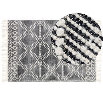 Area Rug Grey And Off-white Wool Cotton 160 X 230 Cm Hand Woven Flat Weave With Tassels Geometric Pattern Beliani