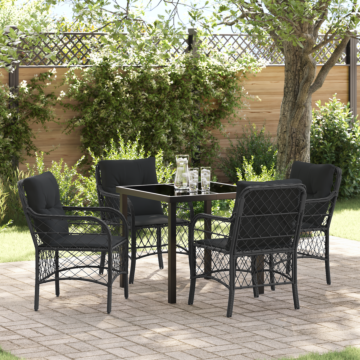 Vidaxl 5 Piece Garden Dining Set With Cushions Black Poly Rattan
