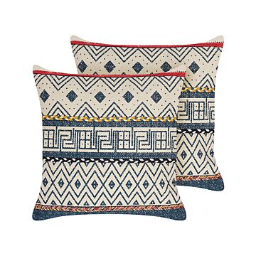 2 Decorative Scatter Cushions Multicolour Cotton 50 X 50 Cm Geometric Pattern Foil Print Boho Decor Accessories Beliani