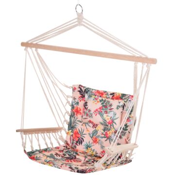 Outsunny Garden Outdoor Hanging Hammock Chair Thick Rope Frame Wooden Arms Safe Wide Seat Garden Outdoor Spot Stylish Multicoloured Floral