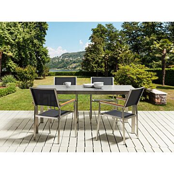 Garden Dining Set Black Granite Effect Tabletop Glass Stainless Steel Frame Set Of 4 Chairs Pe Rattan Seats Modern Outdoor Style Beliani