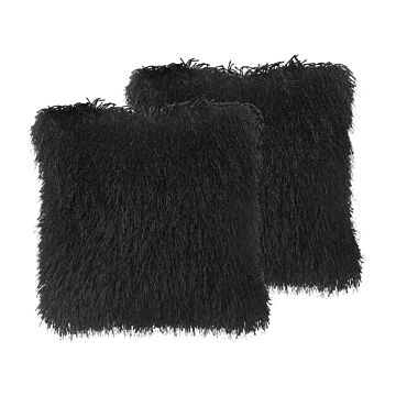 Set Of 2 Decorative Throw Pillows Black Polyester Fabric Accent Cushion Cover With Insert Furry Surface 45 X 45 Cm Beliani