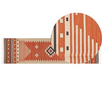 Kilim Runner Rug Multicolour Cotton 80 X 300 Cm Reversible Geometric Pattern With Tassels Rectangular Traditional Beliani
