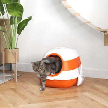 Pawhut Foldable Cat Litter Tray With Lid, Deodorant, Scoop, Orange