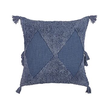 Scatter Cushion Blue Cotton 45 X 45 Cm Geometric Pattern Tassels Removable Cover With Filling Boho Style Beliani