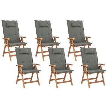 Set Of 6 Garden Chairs Light Acacia Wood With Graphite Grey Cushions Folding Feature Uv Resistant Rustic Style Beliani