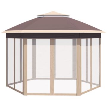 Outsunny Hexagon Pop Up Gazebo Outdoor Patio Gazebo Double Roof Instant Shelter With Netting, 3 X 4m, Khaki