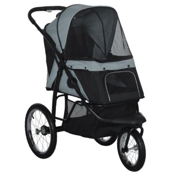 Pawhut Pet Stroller Jogger For Medium Small Dogs, Foldable Cat Pram Dog Pushchair With Adjustable Canopy, 3 Big Wheels, Grey