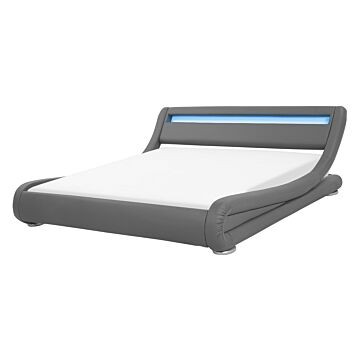 Platform Bed Frame Grey Faux Leather Upholstered Led Illuminated Headboard 4ft6 Eu Double Size Sleigh Design Beliani