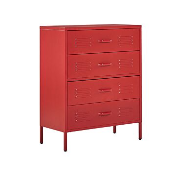 4 Drawer Chest Red Metal Steel Storage Cabinet Industrial Style For Home Office Living Room Beliani