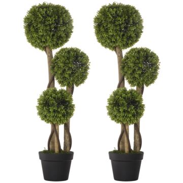 Homcom Set Of 2 Decorative Artificial Plants, Boxwood Ball Topiary Trees In Pot Fake Plants For Home, Indoor&outdoor Decor, 90 Cm, Light Green