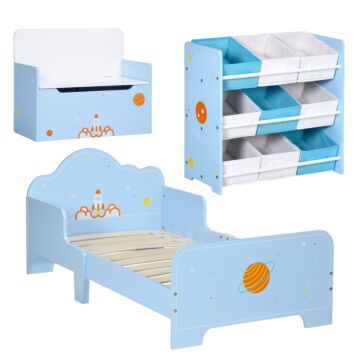 Zonekiz 3pcs Kids Bedroom Furniture Set With Bed, Toy Box Bench, Storage Unit With Baskets, Space Themed, For 3-6 Years Old, Blue