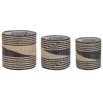 Set Of 3 Plant Baskets Natural Seagrass Planter Pots With Lining Indoor Use Boho Style Beliani