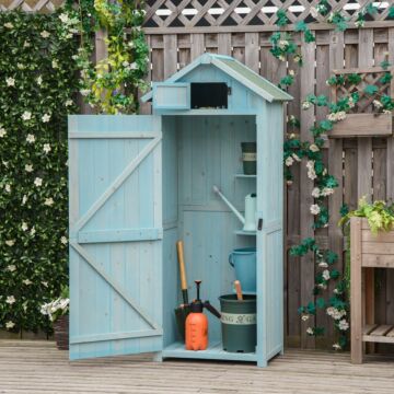 Outsunny Garden Shed Vertical Utility 3 Shelves Shed Wood Outdoor Garden Tool Storage Unit Storage Cabinet, 77 X 54.2 X 179cm - Blue