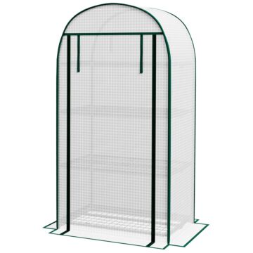 Outsunny 80 X 49 X 160cm Mini Greenhouse For Outdoor, Portable Gardening Plant Green House With Storage Shelf, Roll-up Zippered Door, Metal Frame And Pe Cover, White