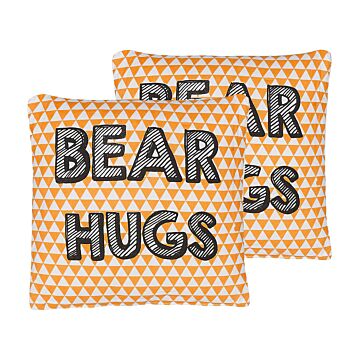 Set Of 2 Kids Cushions Orange Cotton 40 X 40 Cm Bear Hugs Print Triangle Pattern Square Shape Children Room Beliani