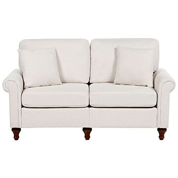 2 Seater Sofa Sand Beige Fabric Upholstery Scrolled Arms Wood Frame Throw Pillows Modern Living Room Beliani