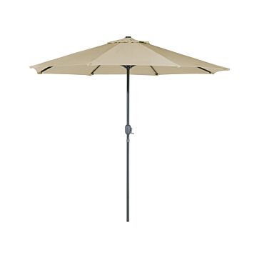 Garden Parasol Taupe Shade With Led Light Ø 266 X 240 Cm Aluminium Pole Crank Mechanism Outdoor Umbrella Beliani