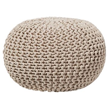 Pouf Ottoman Beige Knitted Cotton Eps Beads Filling Round Small Footstool 40 X 25 Cm Beliani