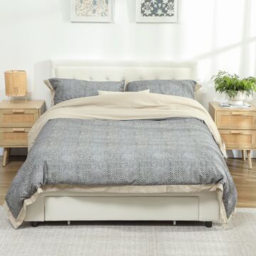 Homcom Double Ottoman Bed Frame, With Front Drawer - Cream