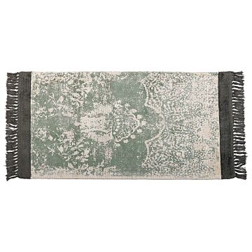 Area Rug Green And Beige Viscose With Cotton Backing With Fringes 80 X 150 Cm Style Vintage Distressed Pattern Beliani
