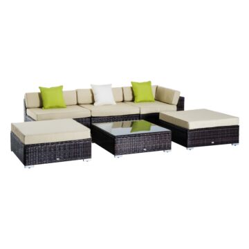 Outsunny 5-seater Rattan Sofa Coffee Table Set Sectional Wicker Weave Furniture For Garden Outdoor Conservatory W/ Pillow Cushion Brown