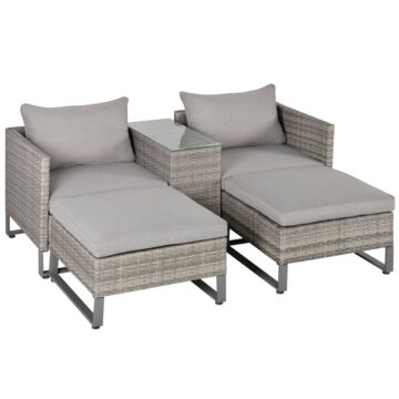 Outsunny 2 Seater Patio Rattan Wicker Sofa Set Chaise Lounge Double Sofa Bed Furniture W/ Coffee Table & Footstool For Patios, Garden, Backyard, Grey