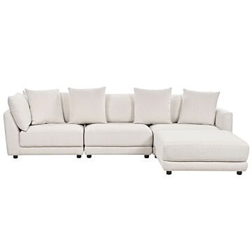 3-seater Sofa Off-white Polyester Fabric Upholstery Couch With Ottoman Footstool Extra Throw Cushions Beliani