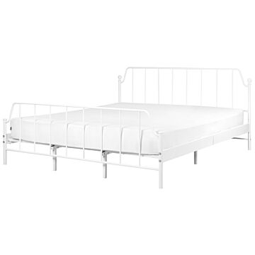 Bed Frame White Metal 180 X 200 Cm King Size Poplar Wood Slats Industrial Minimalist Bedroom Beliani