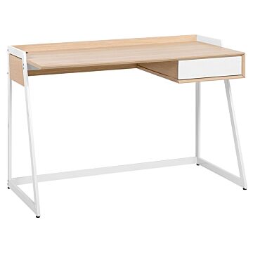 Desk Light Wood And White Mdf Top 120 X 60 Cm Metal Frame One Drawer Beliani
