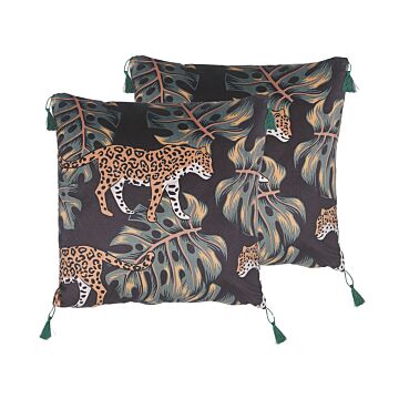 Set Of 2 Decorative Cushions Black Animal Print 45 X 45 Cm Leopard Motif Modern Glamour Decor Accessories Beliani
