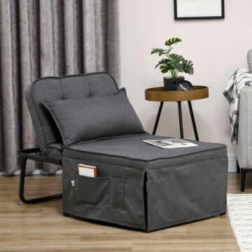 Homcom Fabric Sleeper Chair, Folding Chair Bed With Adjustable Backrest, Pillow, Side Pockets, Charcoal Grey