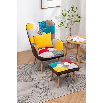 Colorful Multi-pattern Patchwork Accent Chair Wingback Sofa With Footstool And Cushion