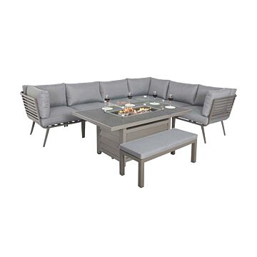 Mayfair Grey Frame 8 Seater: 6pc Corner Lounging Includes 1 Lh & Rh Sofa Bench 1 X Middle Seat , 1 Corner Seat & 150x90cm Firepit Table + 2 Seater Bench