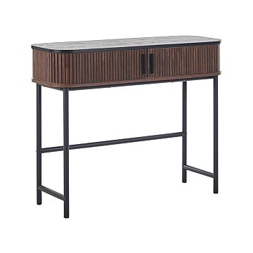 Console Table Dark Wood Finish 82 X 35 X 100 Cm Rustic Sliding Doors Cabinet Beliani